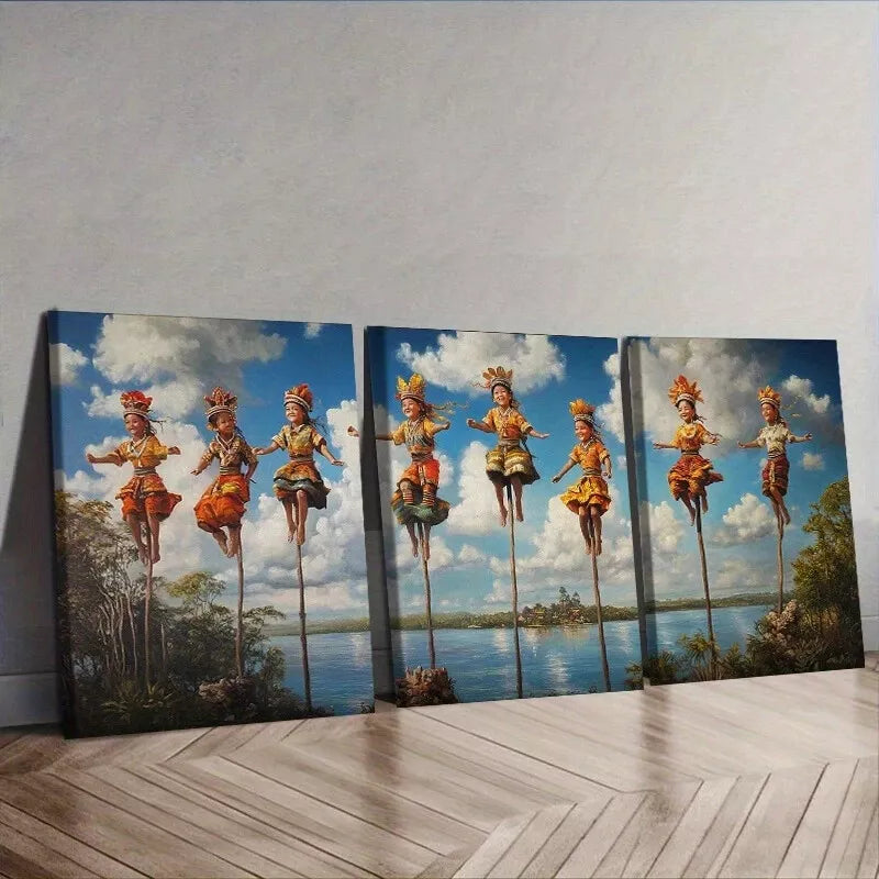 3pcs Women Walk On Stilts Traditional Nature Wall Art Set Canvas Framed 40x60cm - High Quality Print 100% Australian Made Wall Canvas Ready to Hang