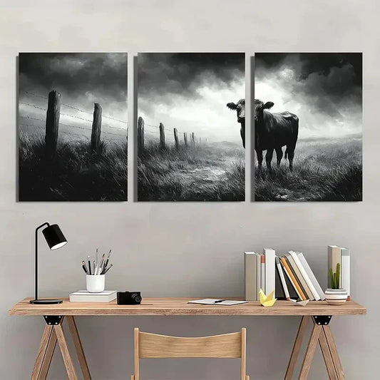 3pcs Whimsical Cow Humorous Black and White Metal Print Ready to Hang Art