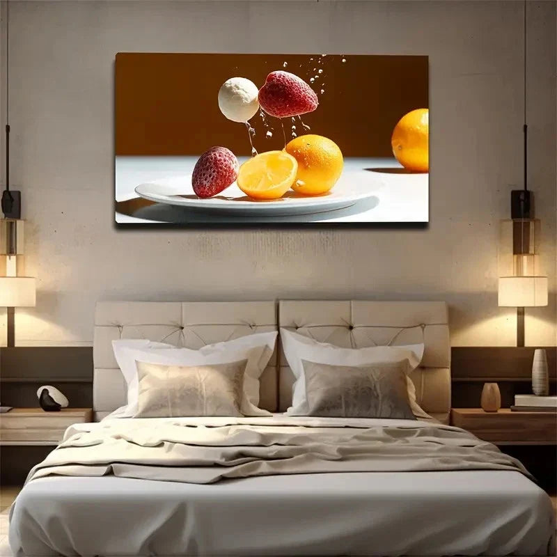 Strawberries Lemons Splashing Wall Art Canvas Office Home Room Framed 120x60cm