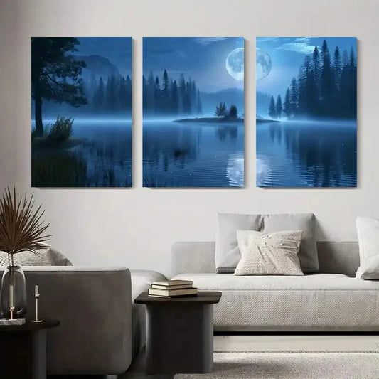3pcs Serene Blue Water & Full Moon Landscape Metal Print Ready to Hang Art