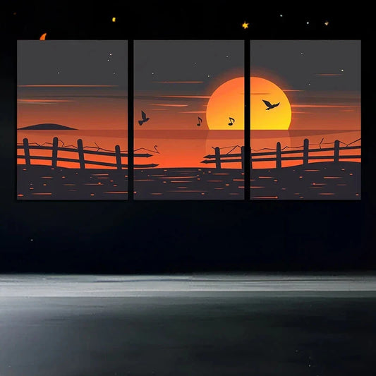 3pcs Sunset Silhouette Fence Ocean and Birds Metal Print Ready to Hang Art