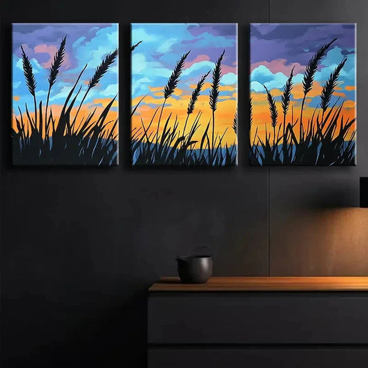 3pcs Sunset Grass Silhouettes Shine Nature Wall Art Set Canvas Framed 40x60cm - High Quality Print 100% Australian Made Wall Canvas Ready to Hang