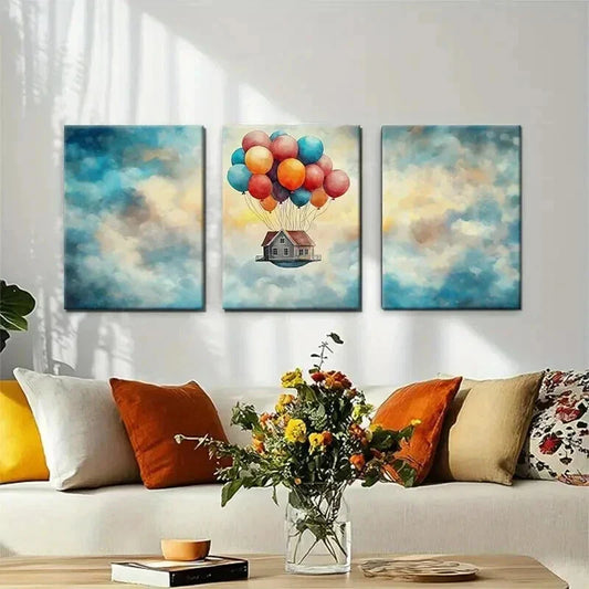 3pcs Floating House Colorful Balloon Perfect Wall Art Set Canvas Framed 40x60cm - High Quality Print 100% Australian Made Wall Canvas Ready to Hang