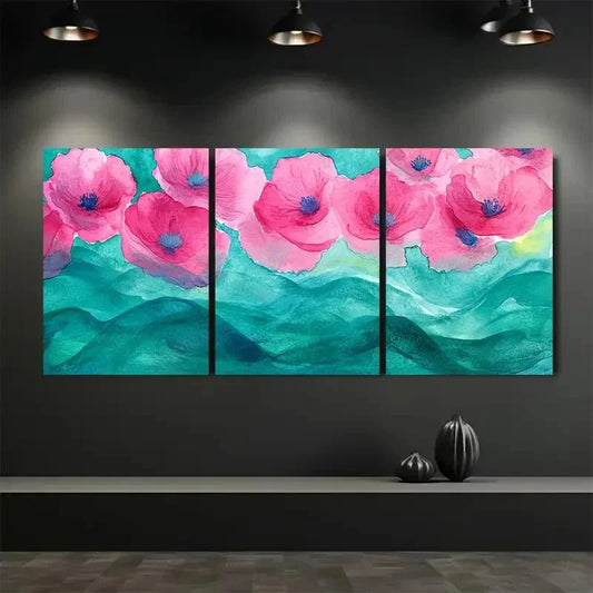 3pcs Summer Poppy Waves Watercolor Wash Metal Print Ready to Hang Art