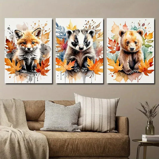 3pcs Cute Fox Raccoon and Bear Animal Flowers Metal Print Ready to Hang Art