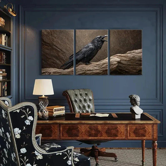 3pcs Black Crow Perched on Branch Natural Metal Print Ready to Hang Art