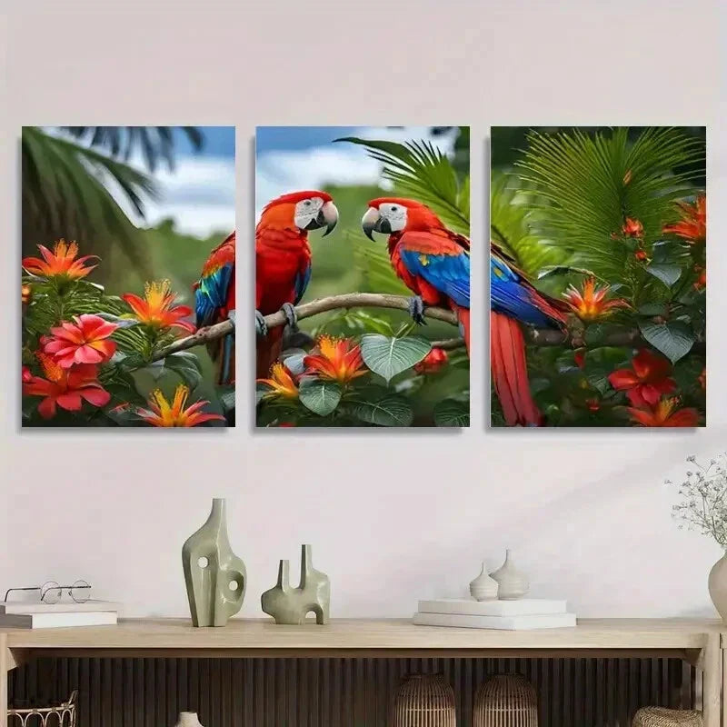3pcs Colorful Parrot and Flower Nature Birds Metal Print Ready to Hang Art
