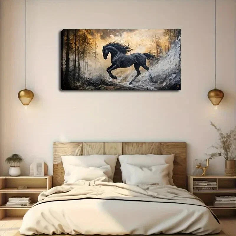Realistic Black Horse in Forest Wall Art Canvas Office Home Room Framed 120x60cm