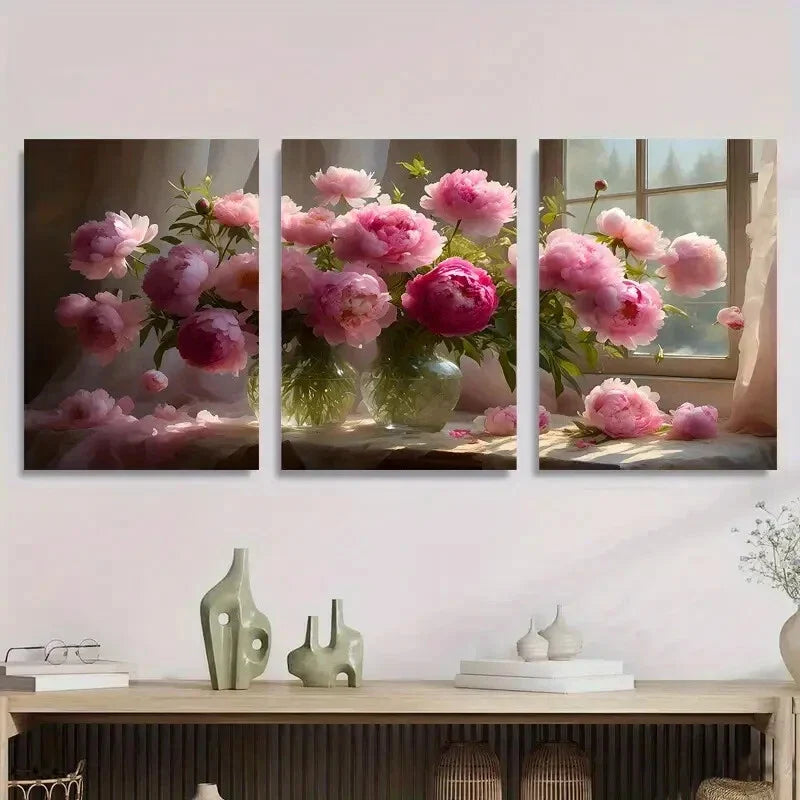 3pcs Pink Peony Vase Triptych Metal Print Ready to Hang Art
