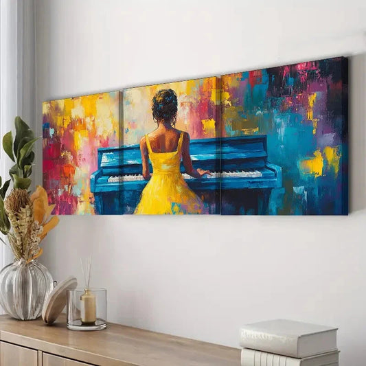 3pcs Piano Player Girl Yellow Beauty Perfect Wall Art Set Canvas Framed 40x60cm - High Quality Print 100% Australian Made Wall Canvas Ready to Hang