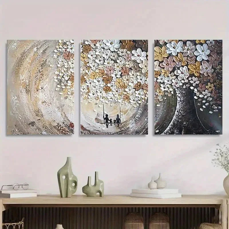 3pcs Abstract Floral Tree Golden & Silver Metal Print Ready to Hang Art