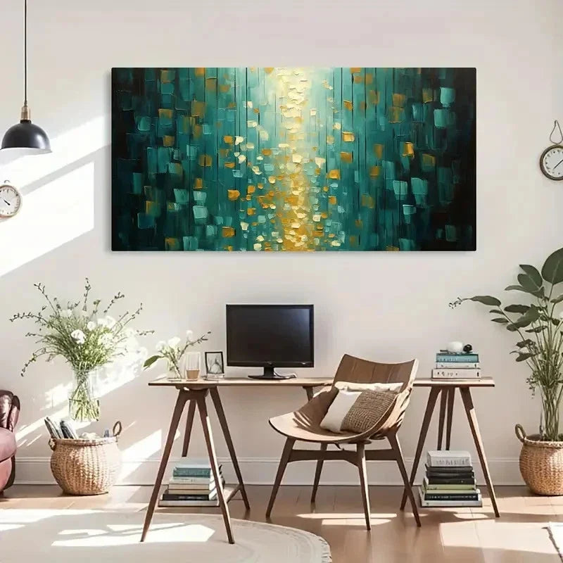Modern Abstract Teal & Golden Wall Art Canvas Office Home Room Framed 120x60cm