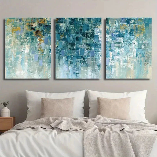 3pcs Abstract Geometric Golden and Cyan Texture Wall Art Set Canvas Framed 40x60cm - High Quality Print 100% Australian Made Wall Canvas Ready to Hang