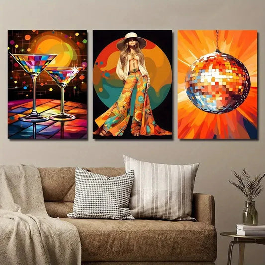 3pcs Cocktail Disco Ball Fashion Girl Metal Print Ready to Hang Art