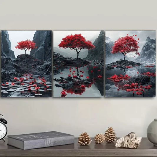 3pcss There Is A Red Maple Tree Wall Art Set Canvas Framed 40x60cm - High Quality Print 100% Australian Made Wall Canvas Ready to Hang