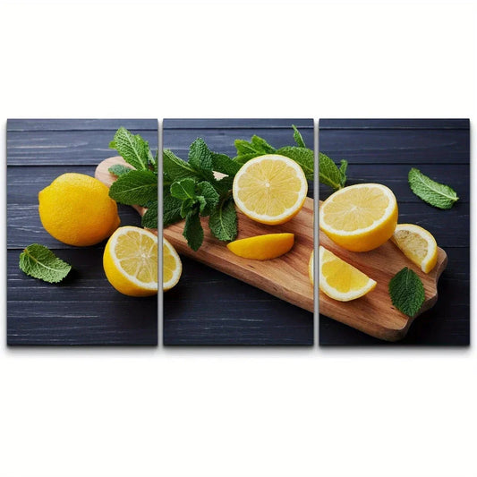 3pcs Lemon and Mint Leaves Black Rustic Table Metal Print Ready to Hang Art