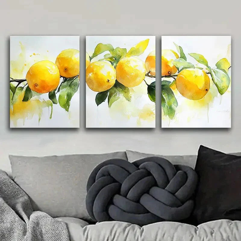 3pcs Lemons and Green Leaves Nature Yellow Wall Art Set Canvas Framed 40x60cm - High Quality Print 100% Australian Made Wall Canvas Ready to Hang