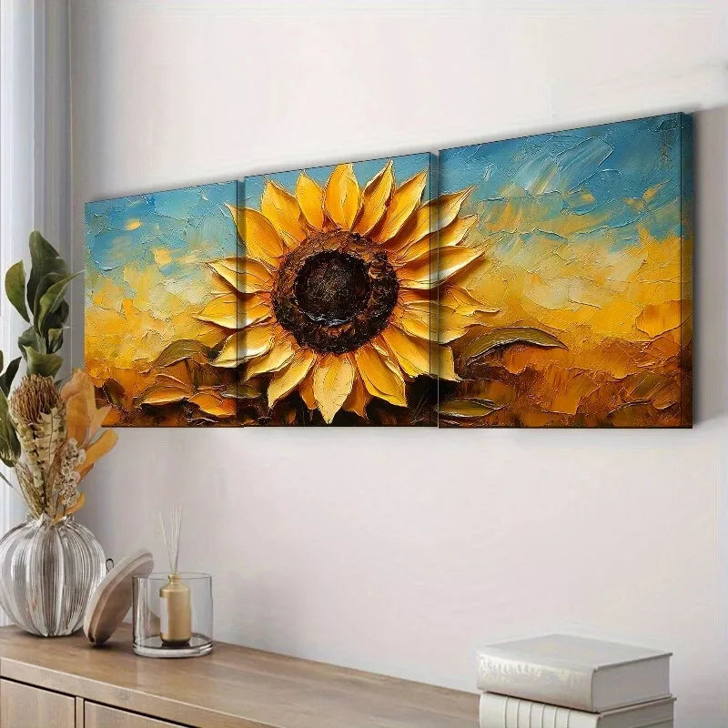 3pcs Sunflower Canvas In Yellow Background Wall Art Set Canvas Framed 40x60cm - High Quality Print 100% Australian Made Wall Canvas Ready to Hang