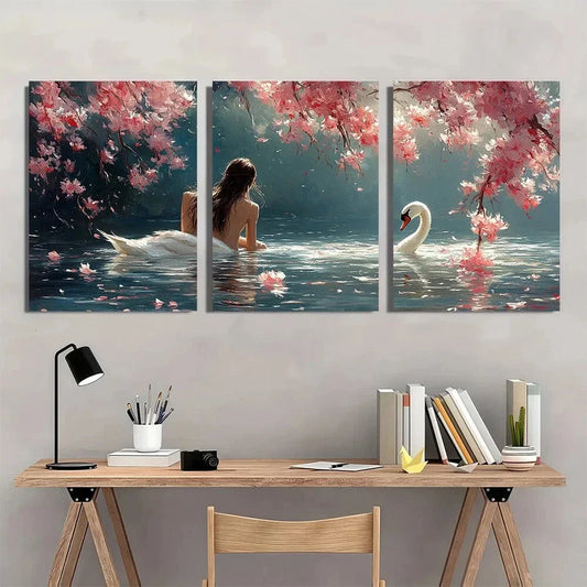 3pcs Pink Cherry Blossoms and Swans Metal Print Ready to Hang Art