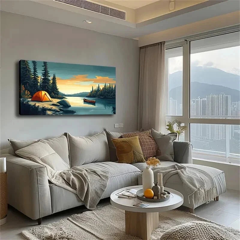 Canoe Tranquil Lake with Tent Wall Art Canvas Office Home Room Framed 120x60cm
