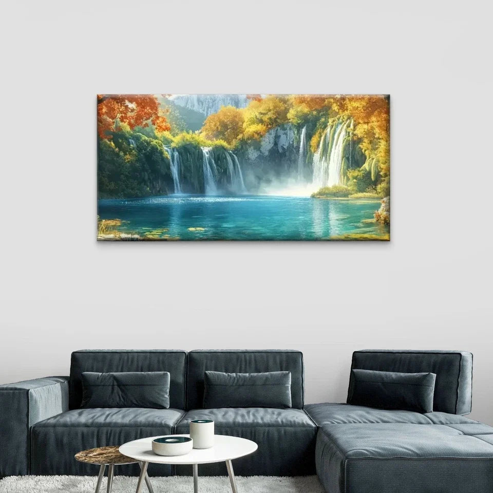 Vibrant Waterfall Modern Wall Art Canvas Office Home Room Framed 80x45cm