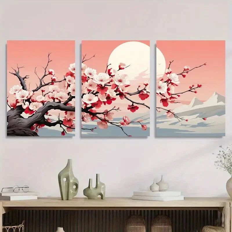 3pcs Serene Cherry Blossom Mountain Metal Print Ready to Hang Art