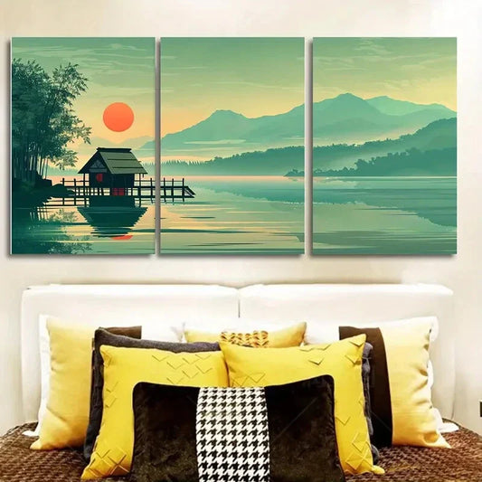 3pcs Scenic Sunset Tranquil Fishing Village Lake Metal Print Ready to Hang Art