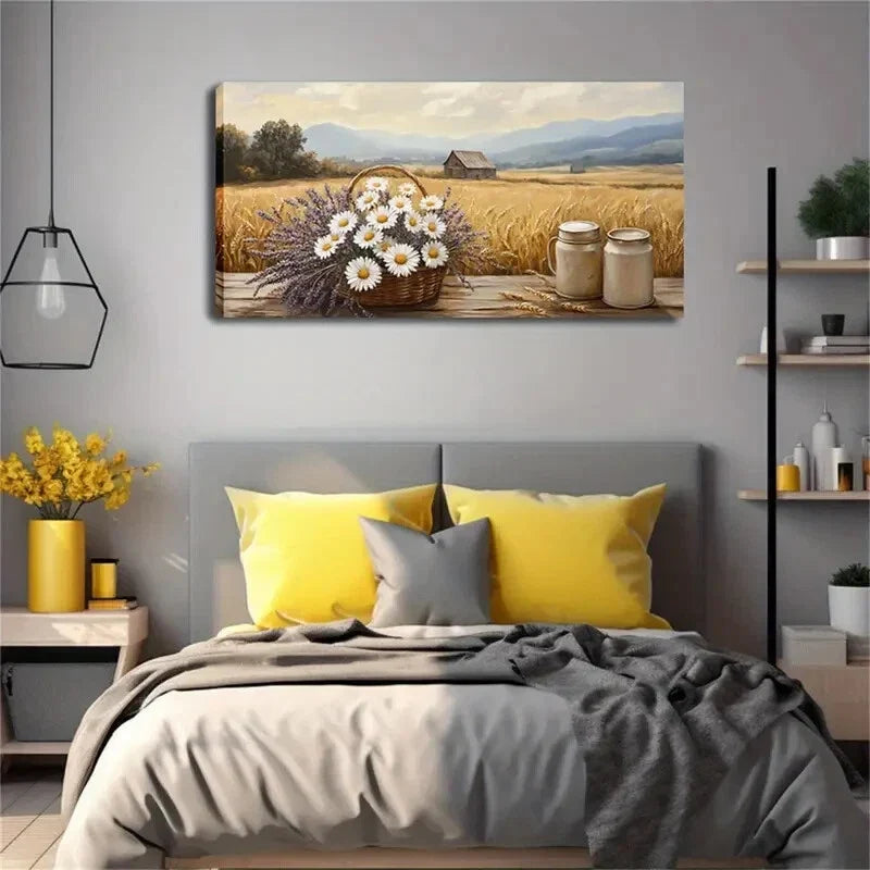 Daisies And Lavender Modern Wall Art Canvas Office Home Room Framed 120x60cm