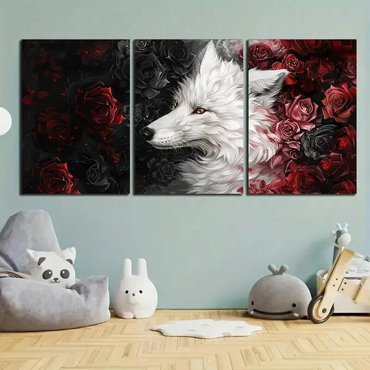 3pcs White Fox and Roses Modern Metal Print Ready to Hang Art
