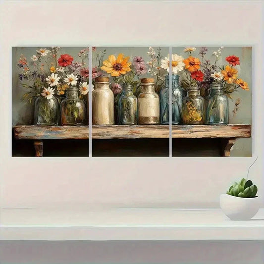 3pcs Charming Wildflower Colorful Glass Bottles Metal Print Ready to Hang Art