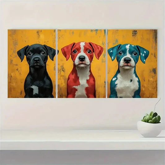 3pcs Red Black Yellow Blue Whimsical Puppies Metal Print Ready to Hang Art