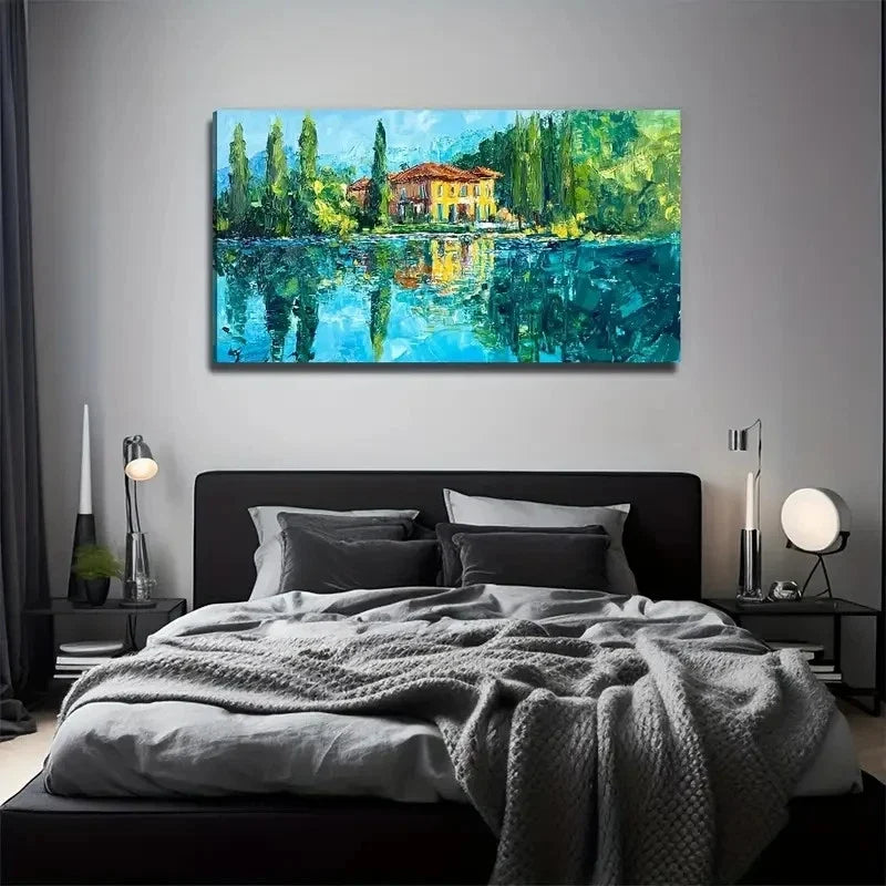 Serene Lakeside House Wall Art Canvas Office Home Room Framed 80x45cm