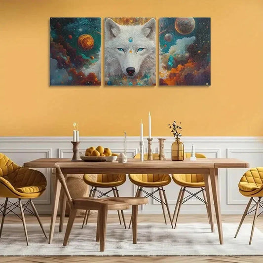 3pcs Mystical White Wolf Cosmic Galaxy Design Metal Print Ready to Hang Art