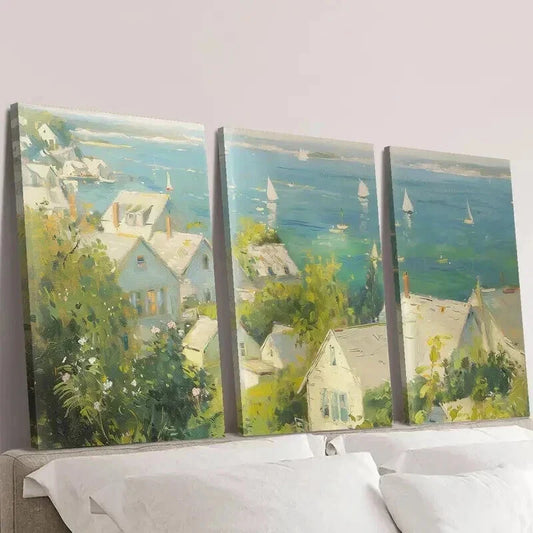 3pcs Cottage by the Sea Ships in the Harbor Wall Art Set Canvas Framed 40x60cm - High Quality Print 100% Australian Made Wall Canvas Ready to Hang