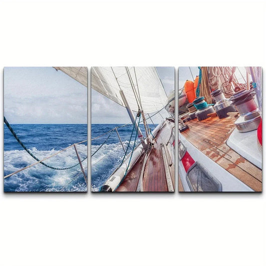 3pcs Sail Boat Navigating on Waves Metal Print Ready to Hang Art