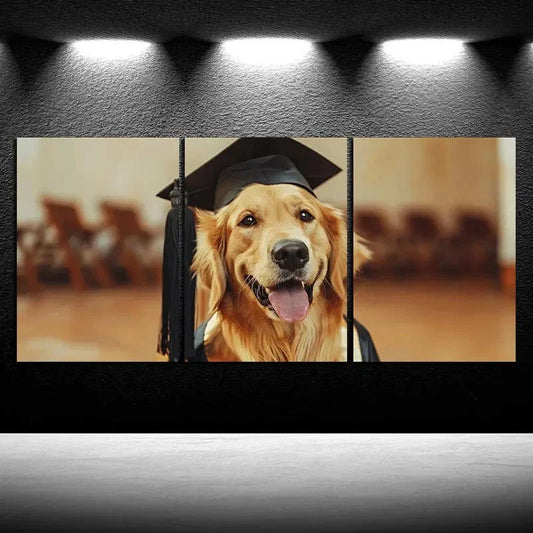 3pcs Golden Retriever Dog with Graduation Cap Metal Print Ready to Hang Art