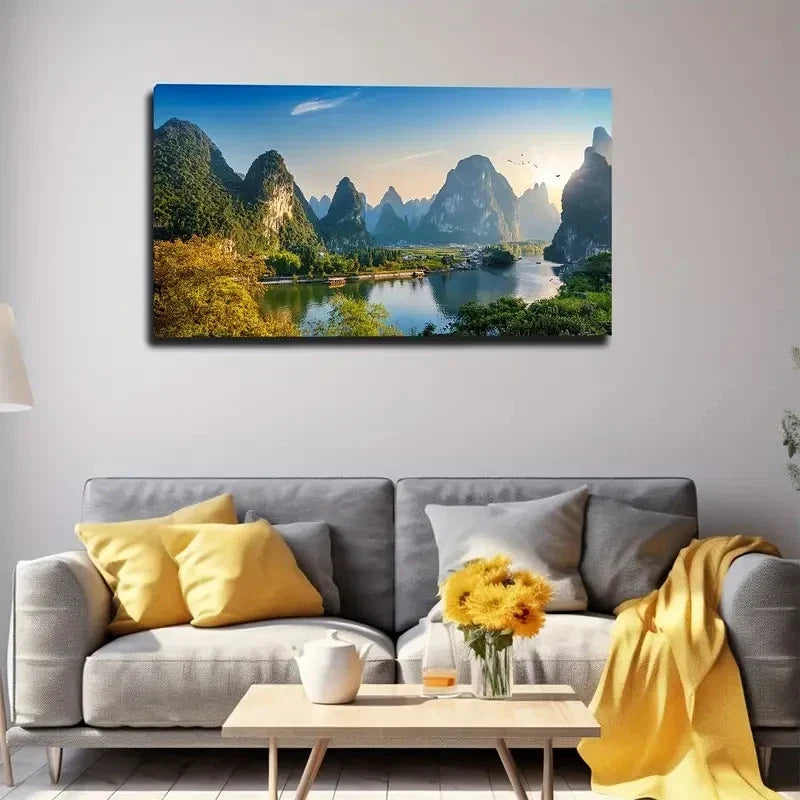 Vibrant Chinese Landscape Wall Art Canvas Office Home Room Framed 80x45cm