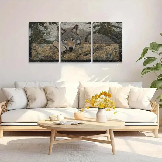3pcs Gray Wolf Resting on Rocky Landscape Metal Print Ready to Hang Art