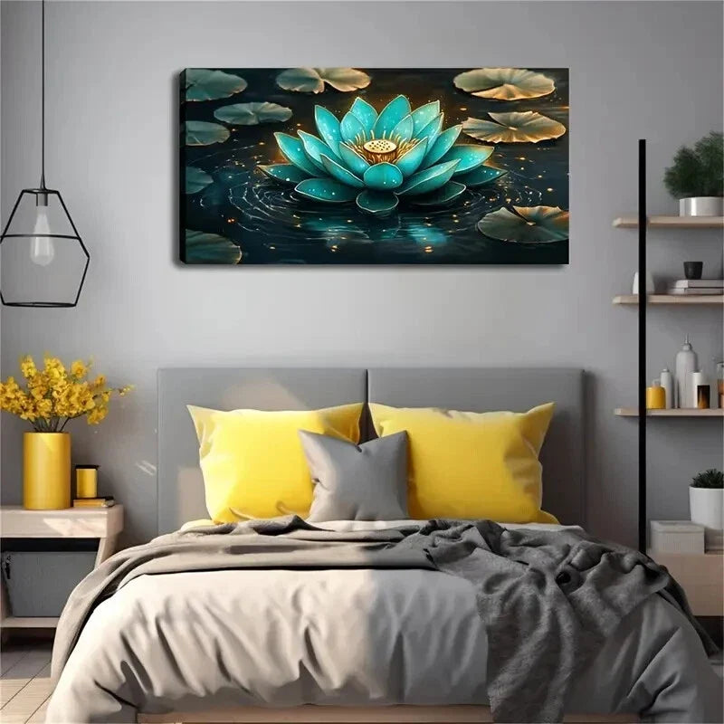 Realistic Blue-Green for Lotus Wall Art Canvas Office Home Room Framed 80x45cm