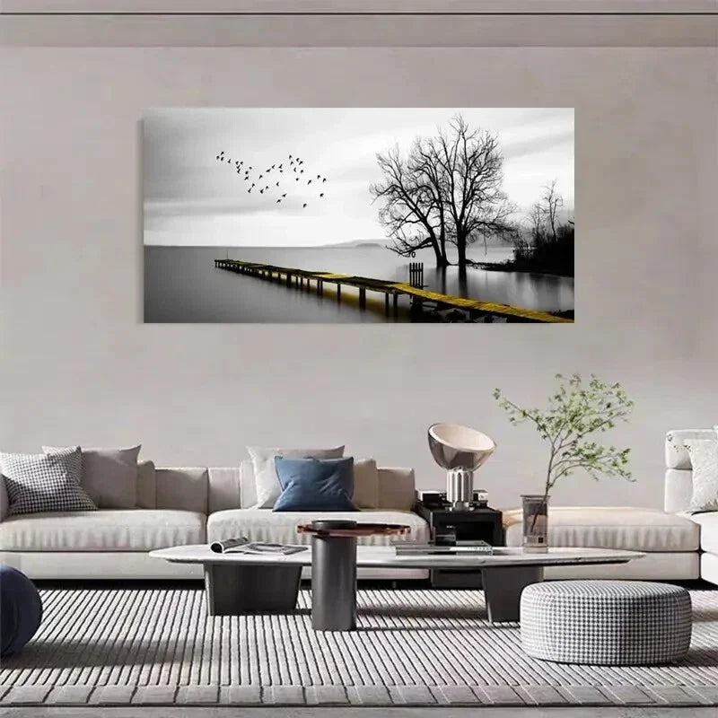 Black White Lakes Wooden Bridge Wall Art Canvas Office Home Room Framed 120x60cm
