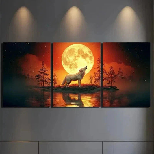 3pcs Howling Wolf on Moonlit Night Wall Art Set Canvas Framed 40x60cm - High Quality Print 100% Australian Made Wall Canvas Ready to Hang