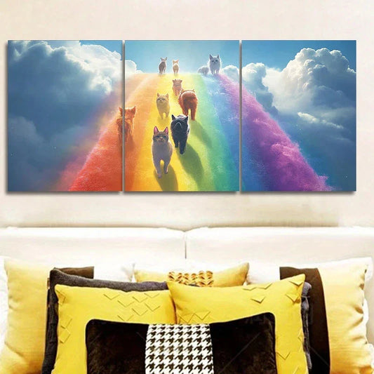 3pcs Cute Cats Rainbow Themed White Clouds Metal Print Ready to Hang Art