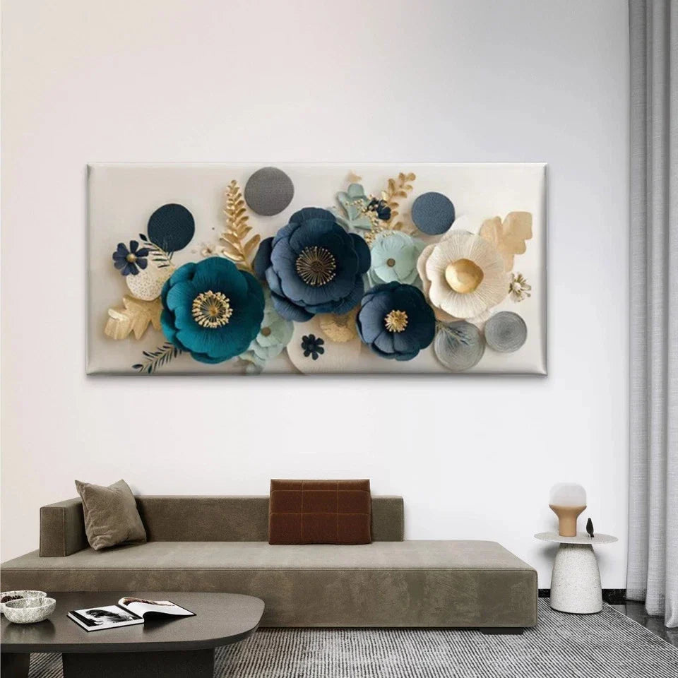 Blue & Teal Floral with Golden Wall Art Canvas Office Home Room Framed 80x45cm