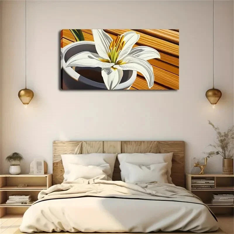 Blooming Lilies Gray-White Wall Art Canvas Office Home Room Framed 120x60cm