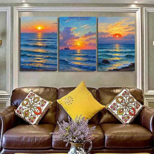 3pcs Sunset Waves Cubism Vibrant Coastal Metal Print Ready to Hang Art