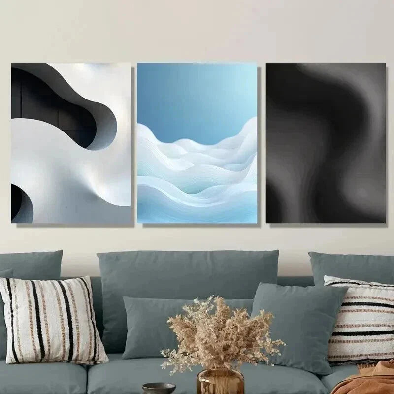 3pcs Modern Abstract Wave Patterns in Black Wall Art Set Canvas Framed 40x60cm - High Quality Print 100% Australian Made Wall Canvas Ready to Hang