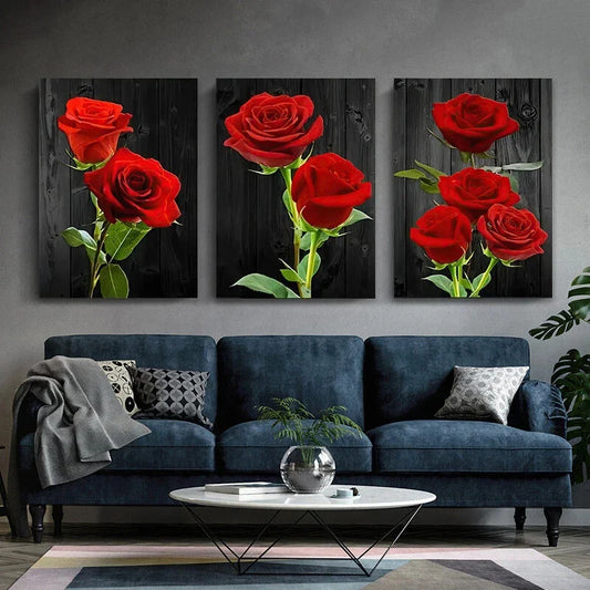 3pcs Beautiful Red Roses Green Leaves Metal Print Ready to Hang Art