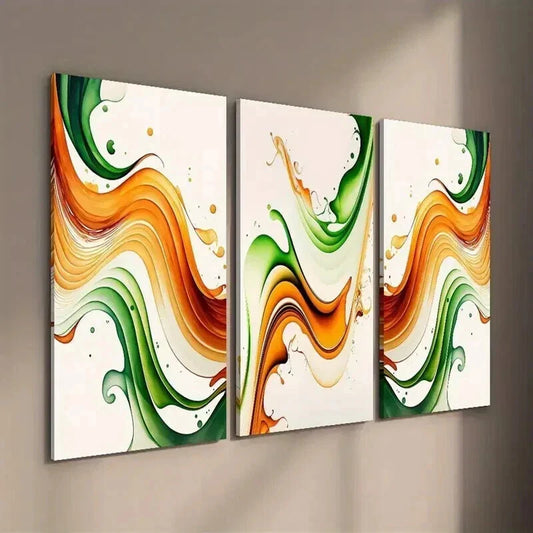 3pcs Burnt Orange & Emerald Green Wavy Wall Art Set Canvas Framed 40x60cm - High Quality Print 100% Australian Made Wall Canvas Ready to Hang