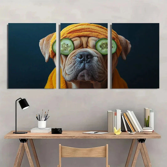 3pcs Dog Bathrobe & Cucumber Slices Metal Print Ready to Hang Art