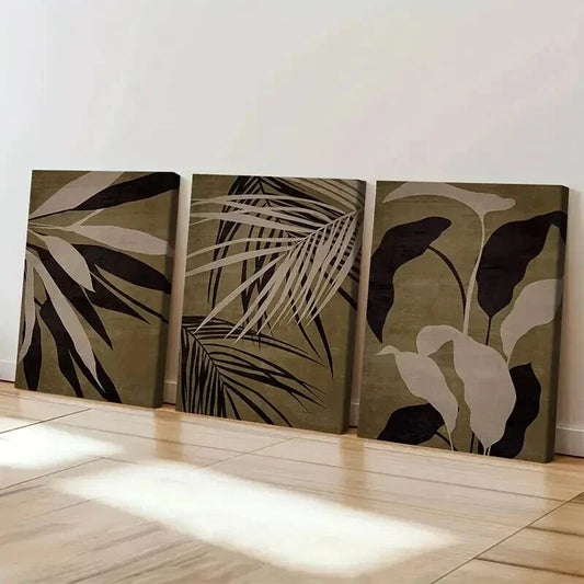 3pcs Abstract Brown Tropical Leaf Print Wall Art Set Canvas Framed 40x60cm - High Quality Print 100% Australian Made Wall Canvas Ready to Hang